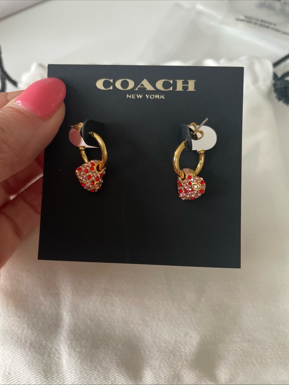 COACH Gold Hoop Earrings with Red Crystal Heart Charms - Picture 1 of 4